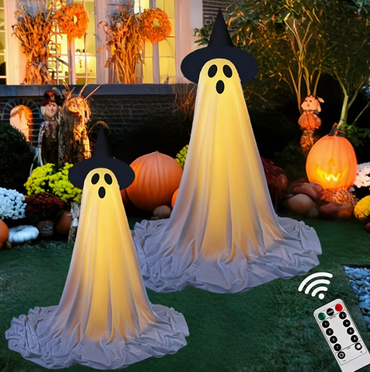 2-Pack for Halloween 1 Big and 1 Small Ghost Decorations with Witch Hats