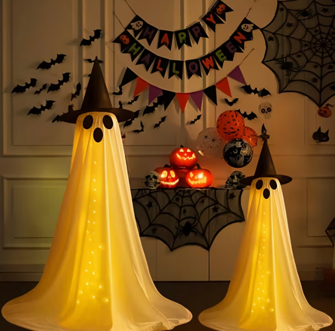 2-Pack for Halloween 1 Big and 1 Small Ghost Decorations with Witch Hats