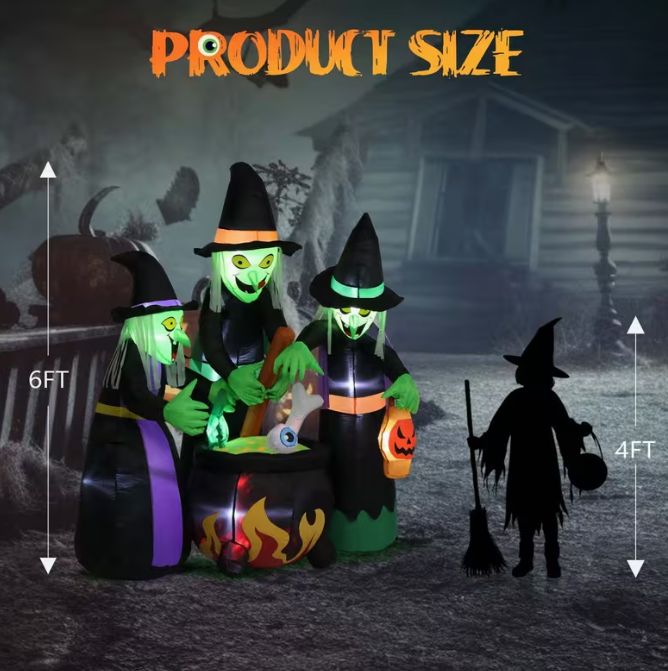 Halloween Inflatables 6ft Halloween Witches W/ Cauldron LED