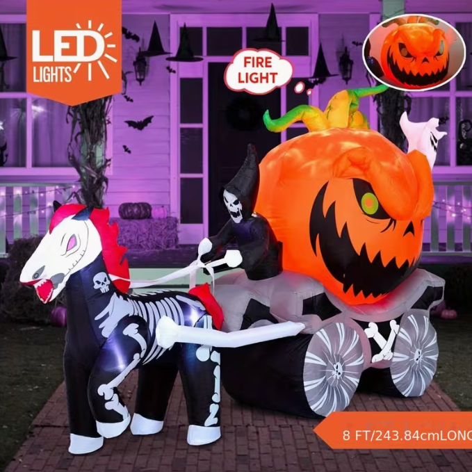 8 Ft Long Halloween Inflatables Pumpkin Carriage Outdoor Decorations