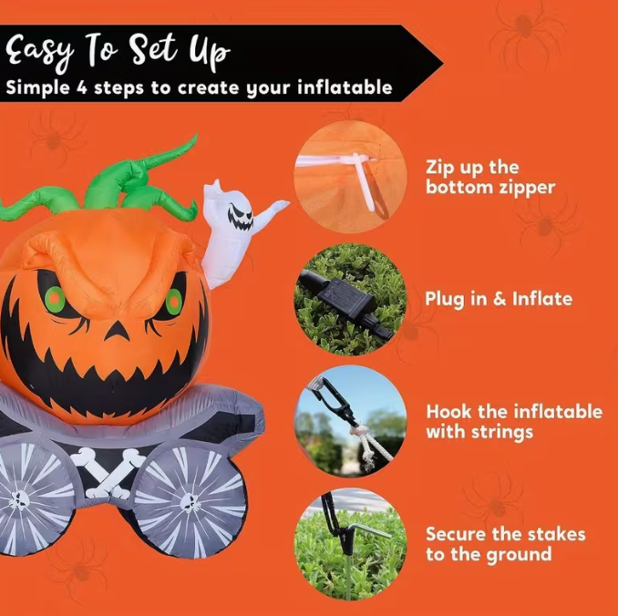 8 Ft Long Halloween Inflatables Pumpkin Carriage Outdoor Decorations