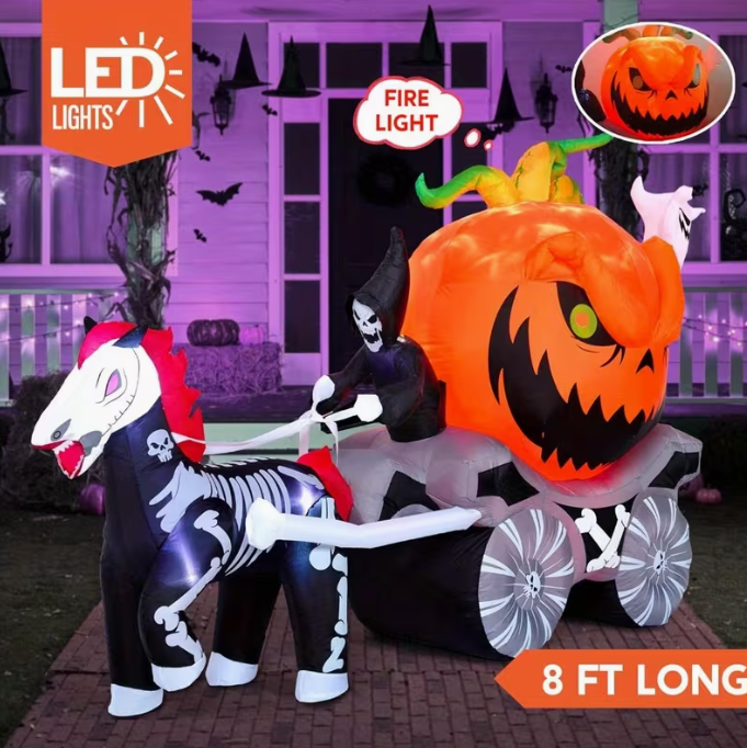 8 Ft Long Halloween Inflatables Pumpkin Carriage Outdoor Decorations
