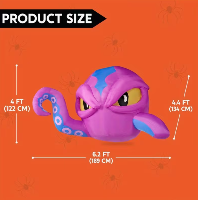 4ft Tall Halloween Inflatable Purple Octopus Head with Tentacles