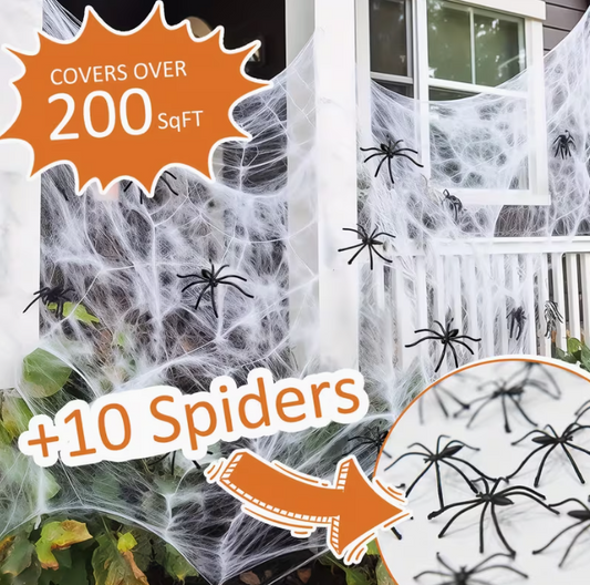 200 Sq Ft Halloween Stretch Cobweb Decor with 10 Fake Spiders