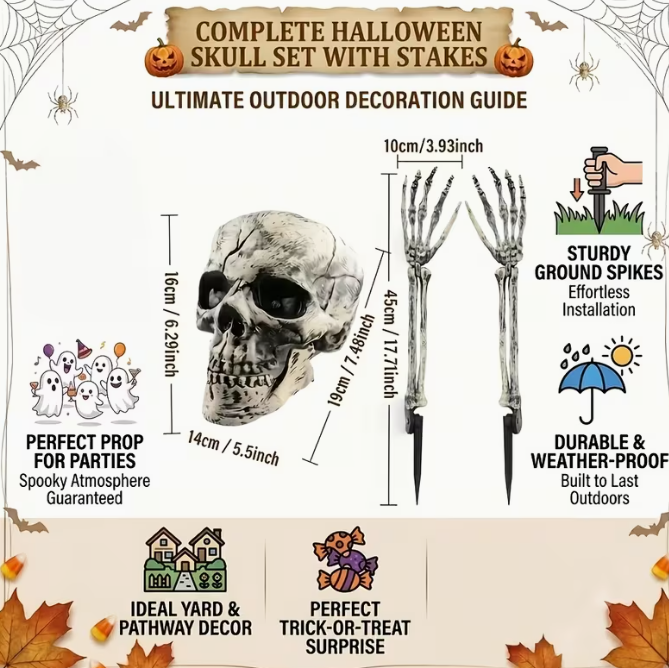 Outdoor Skeleton Set with Skull Head Skeleton Hand Yard Stake